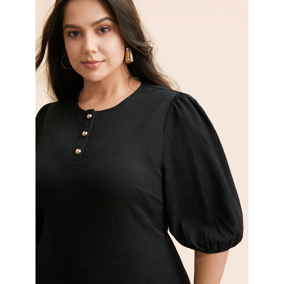 Plus Size Texture Button Up Puff Sleeve Dress Black Women Casual Texture Round Neck Half Sleeve Curvy BloomChic 26/4X Product Image