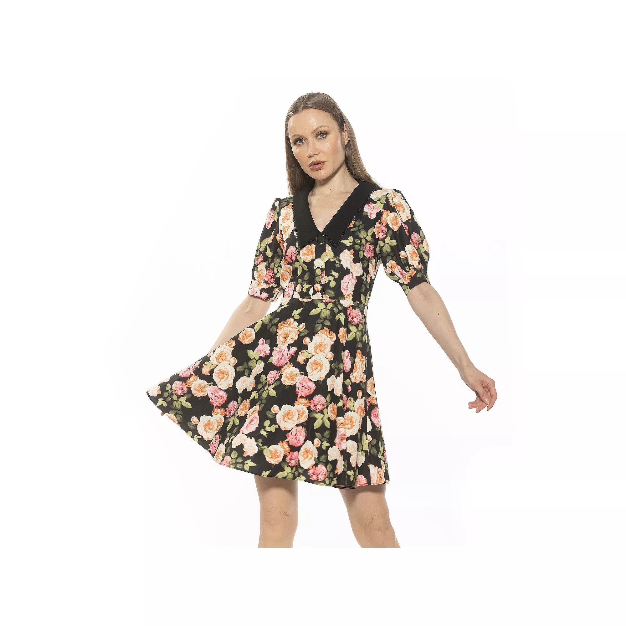 Women's ALEXIA ADMOR Carys Dropped Collar Puff Sleeve Fit And Flare Dress, Size: 6, Black Floral Product Image