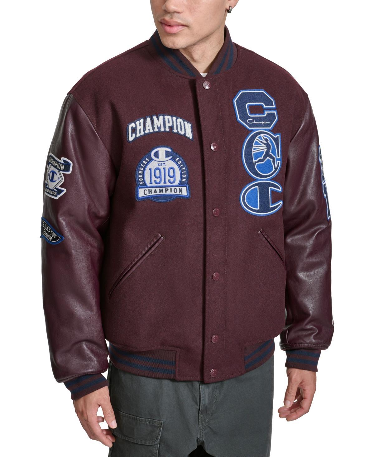 Men's Champion® Letterman Varsity Bomber Jacket with Patches, Size: XL, Red Product Image