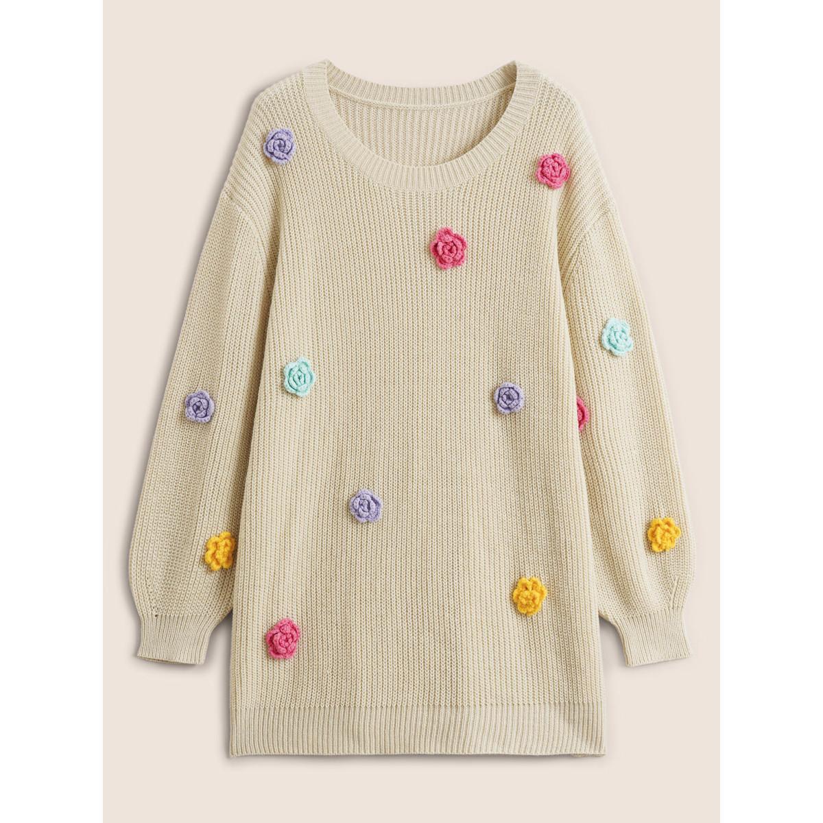 Plus Size Stereo Flower Design Split Hem Pullover Apricot Women Casual Long Sleeve Round Neck Everyday Pullovers BloomChic 28/5X Product Image