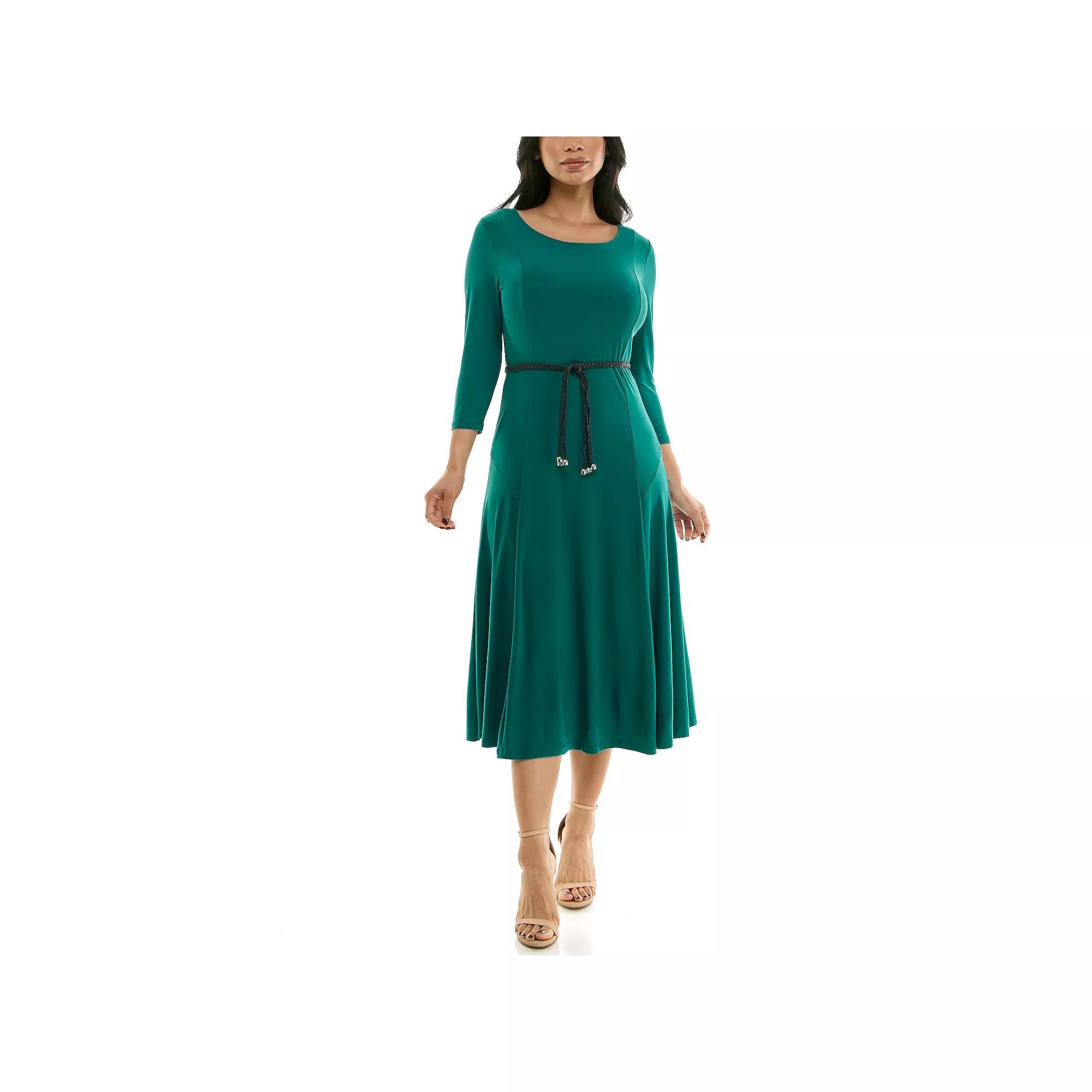 Women's Nina Leonard Sylvia Three-Quarter Sleeve Belted Midi Dress, Size: Medium, Green Product Image