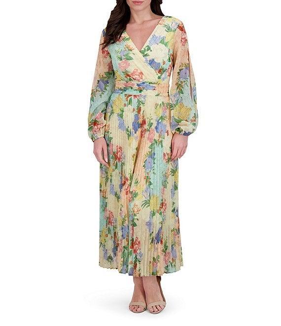 SIENA Chiffon Floral Print Pleated V-Neck Long Cutout Sleeve Maxi Dress Product Image