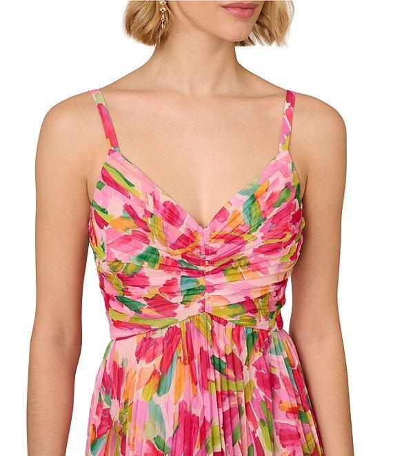 Adrianna Papell Floral Chiffon V-Neck Sleeveless Pleated Midi Dress Product Image