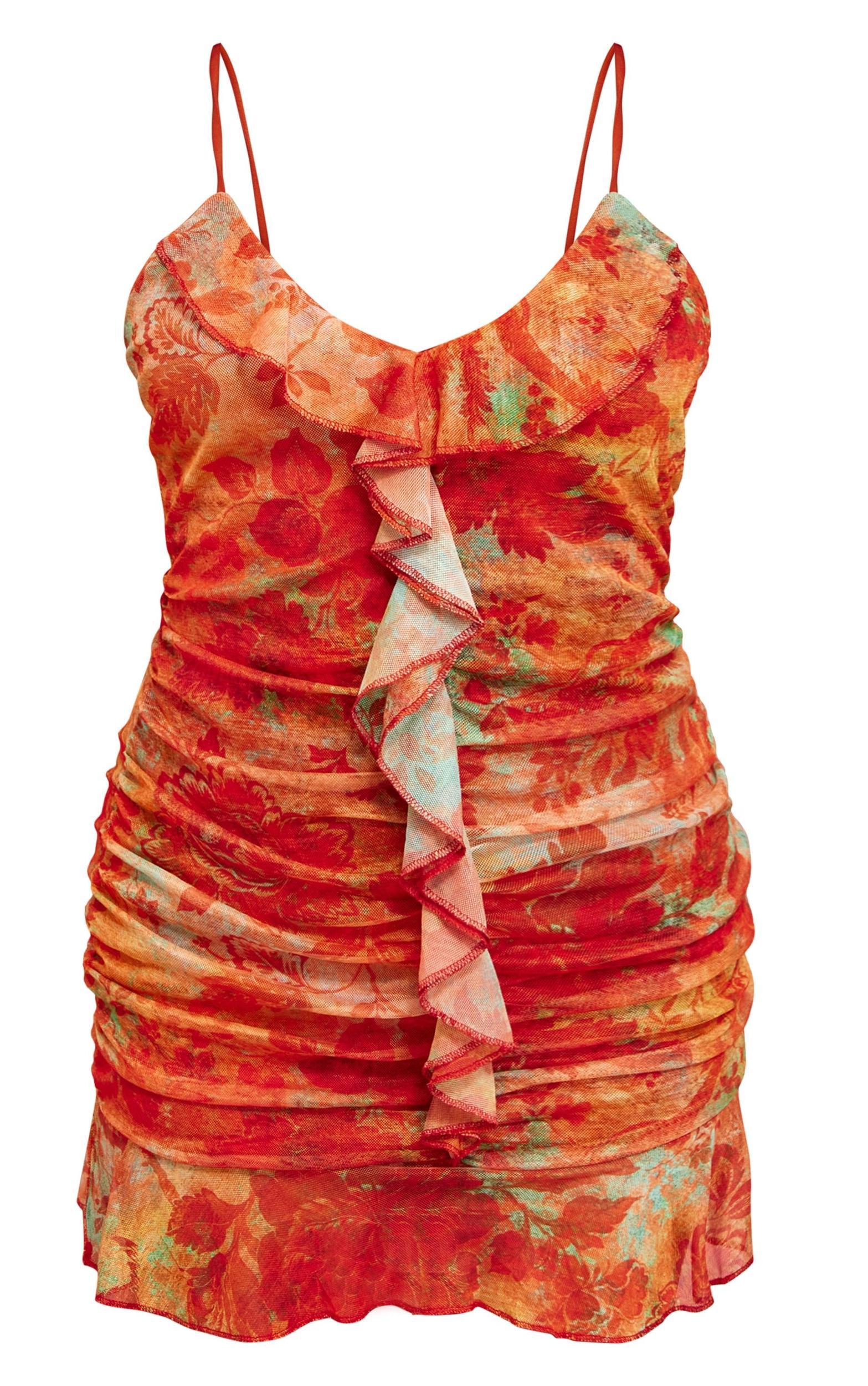 Orange Floral Abstract Print Frill Detail Shift Dress Product Image