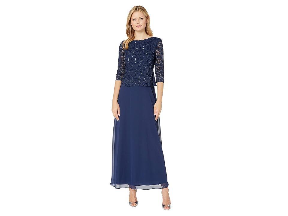 Alex Evenings 34 Sleeve Sequined Lace Crew Neck Scalloped Bodice Chiffon Skirted Gown Product Image