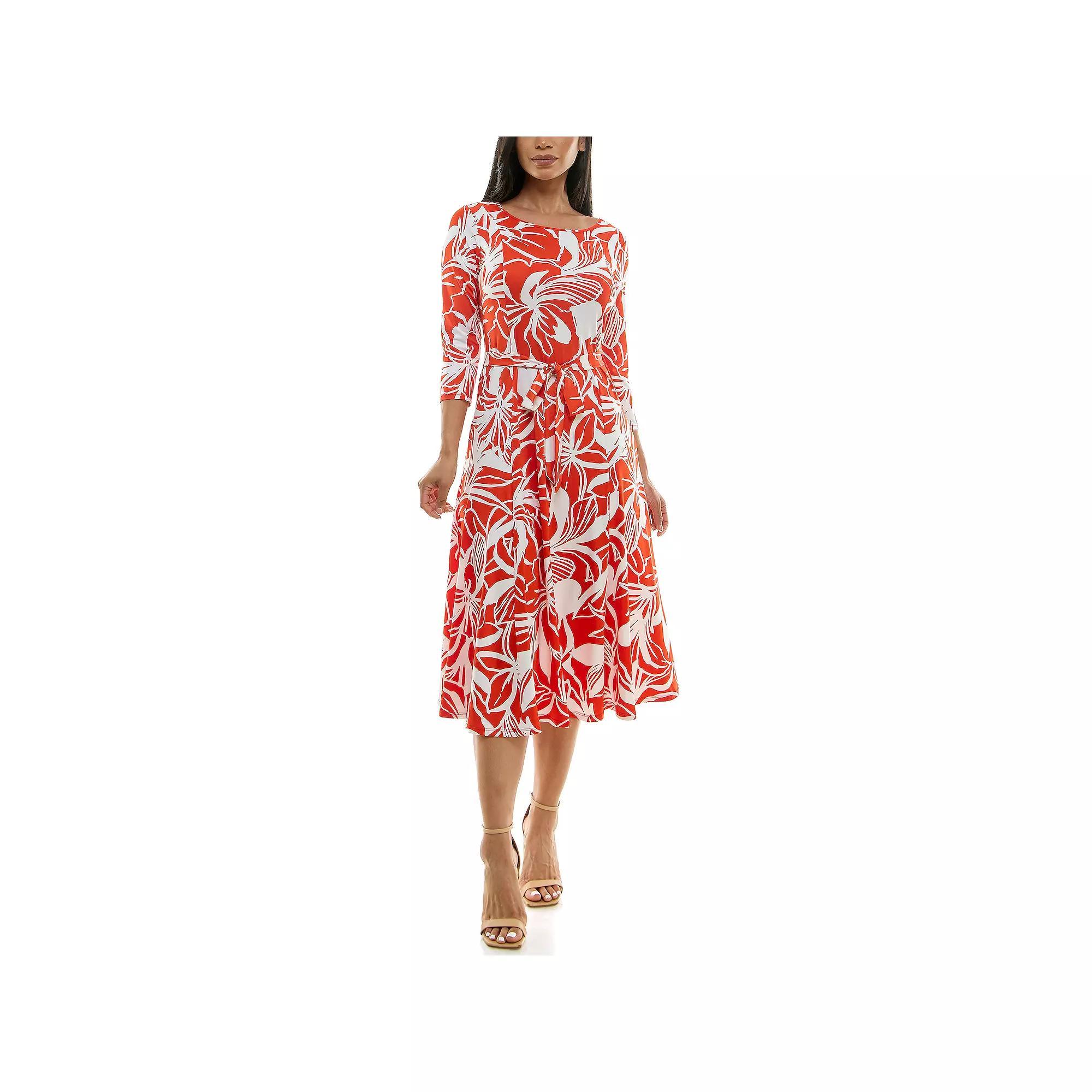 Women's Nina Leonard Sylvia Midi Dress With Belt, Size: Small, Orange White Product Image