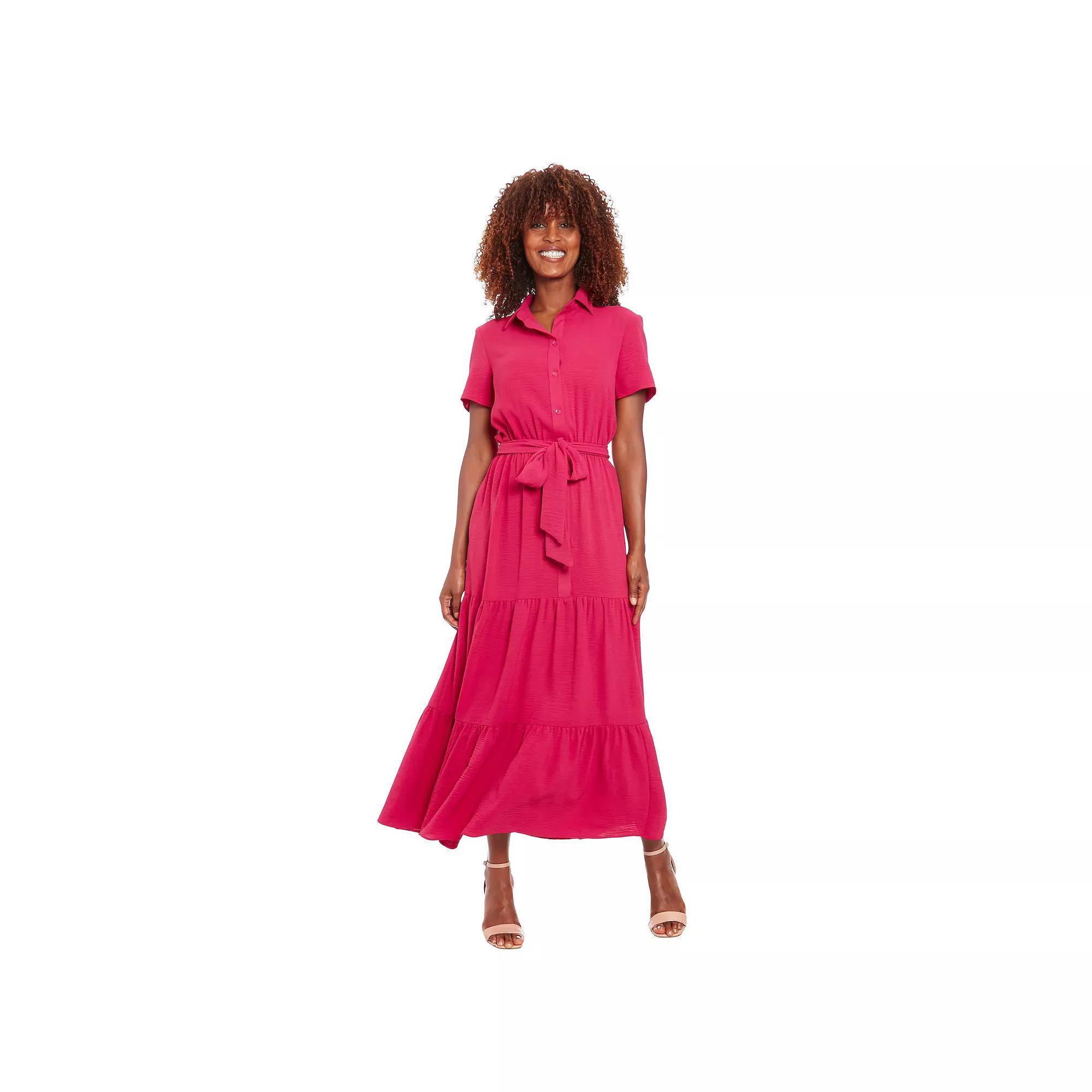 Womens London Times Short Sleeve Tiered Shirt Dress Pink Product Image