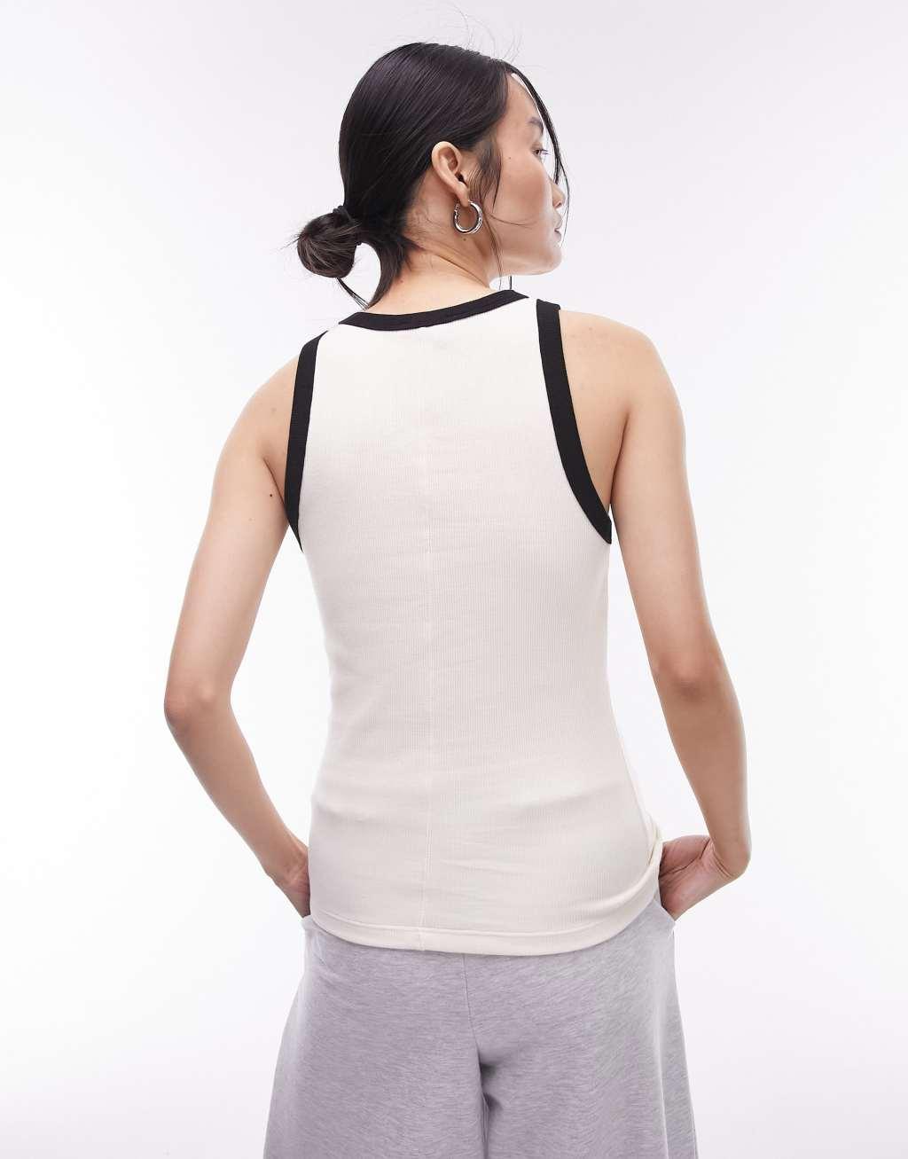 Topshop contrast ribbed slim tank top in off white Product Image