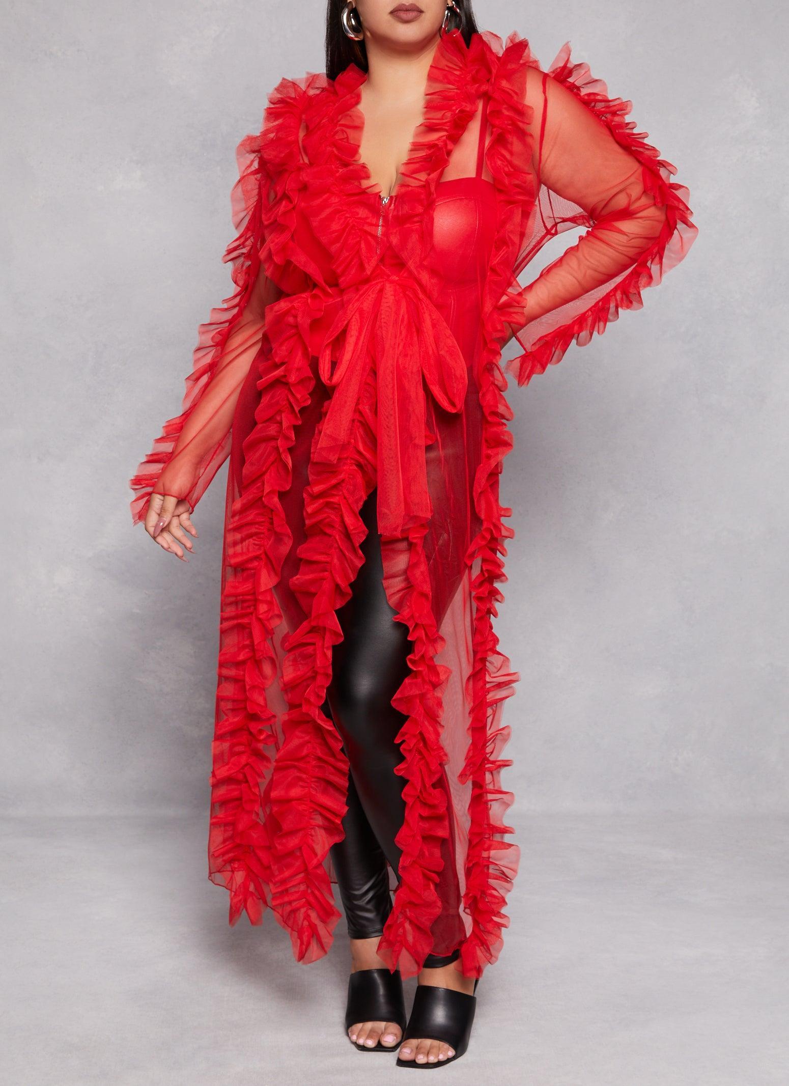 Womens Plus Size Ruffled Tulle Tie Front Duster Product Image