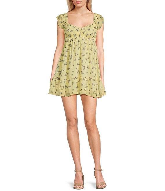 Allison & Kelly Floral Print V-Neck Short Flutter Sleeve Smocked Dress Product Image