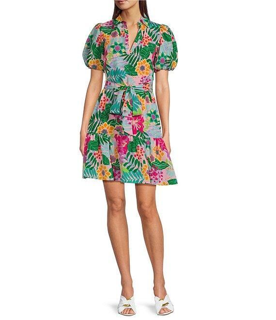 Jessica Howard Tropical Floral Short Balloon Sleeve V-Neck Collar Shirt Dress Product Image