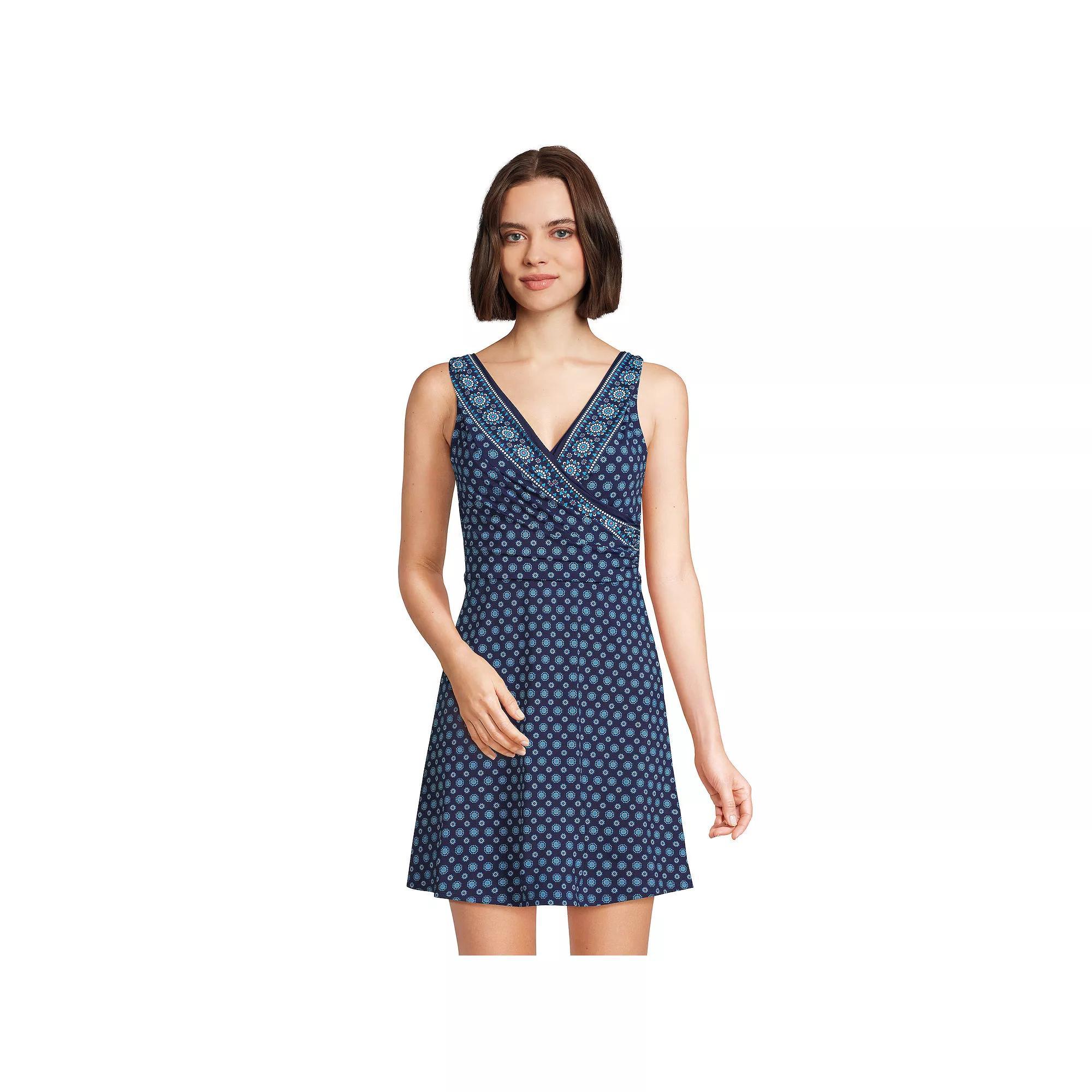 Women's Lands' End Tummy Control Surplice Faux-Wrap One-Piece Swim Dress, Size: 2, Blue Geo Border Product Image