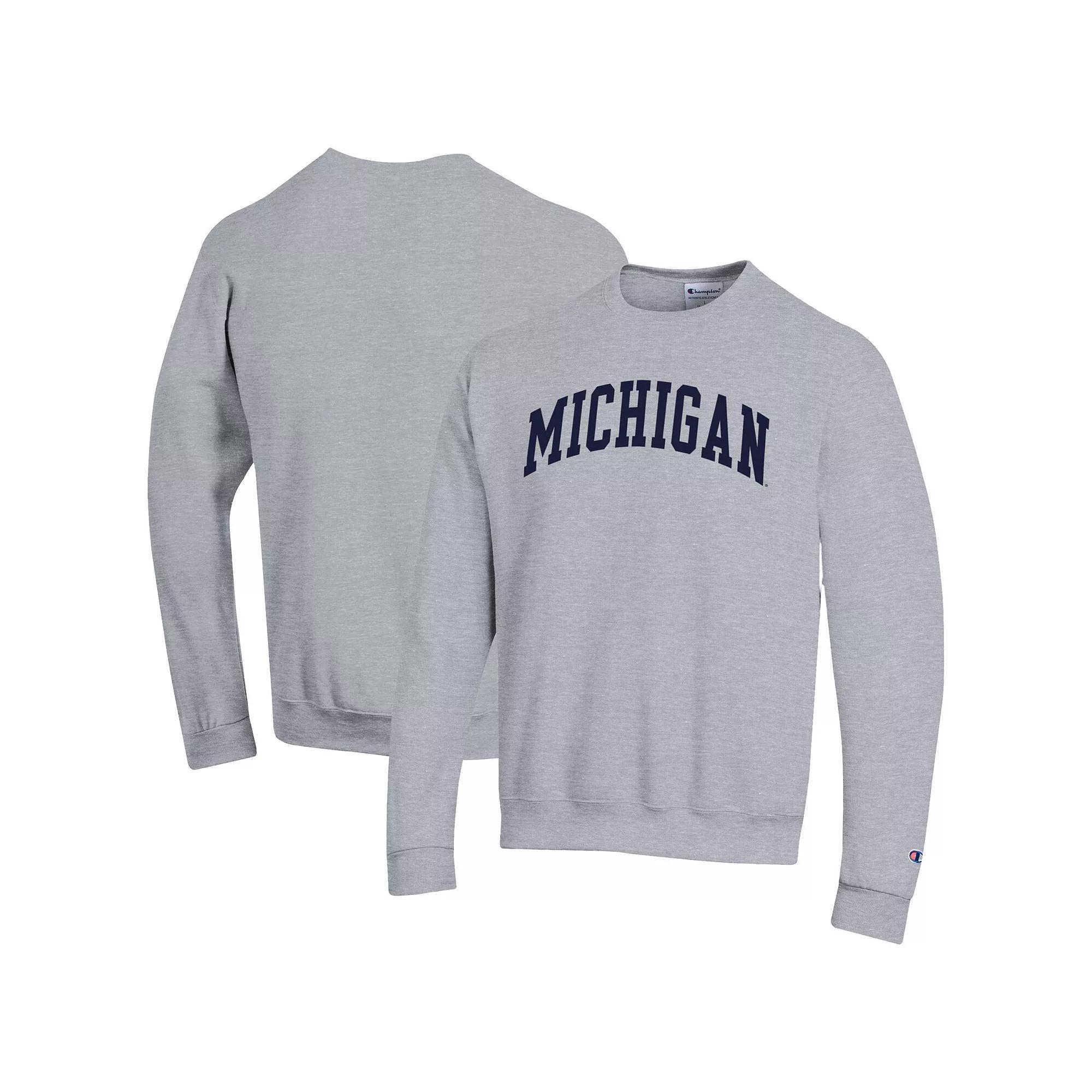 Men's Champion  Heather Gray Michigan Wolverines Basic Arch Fleece Pullover Sweatshirt, Size: 2XL, Grey Product Image