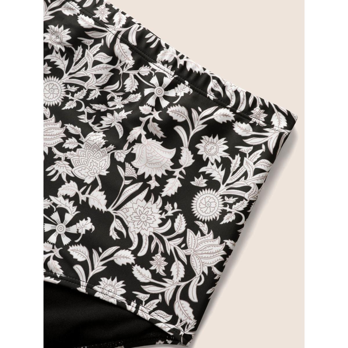 Plus Size Natural Flowers Tie Knot Drawstring Swim Dress Women's Swimwear Black Beach Bodycon U-neck High stretch Curve Swim Dresses BloomChic 18-20/2X Product Image