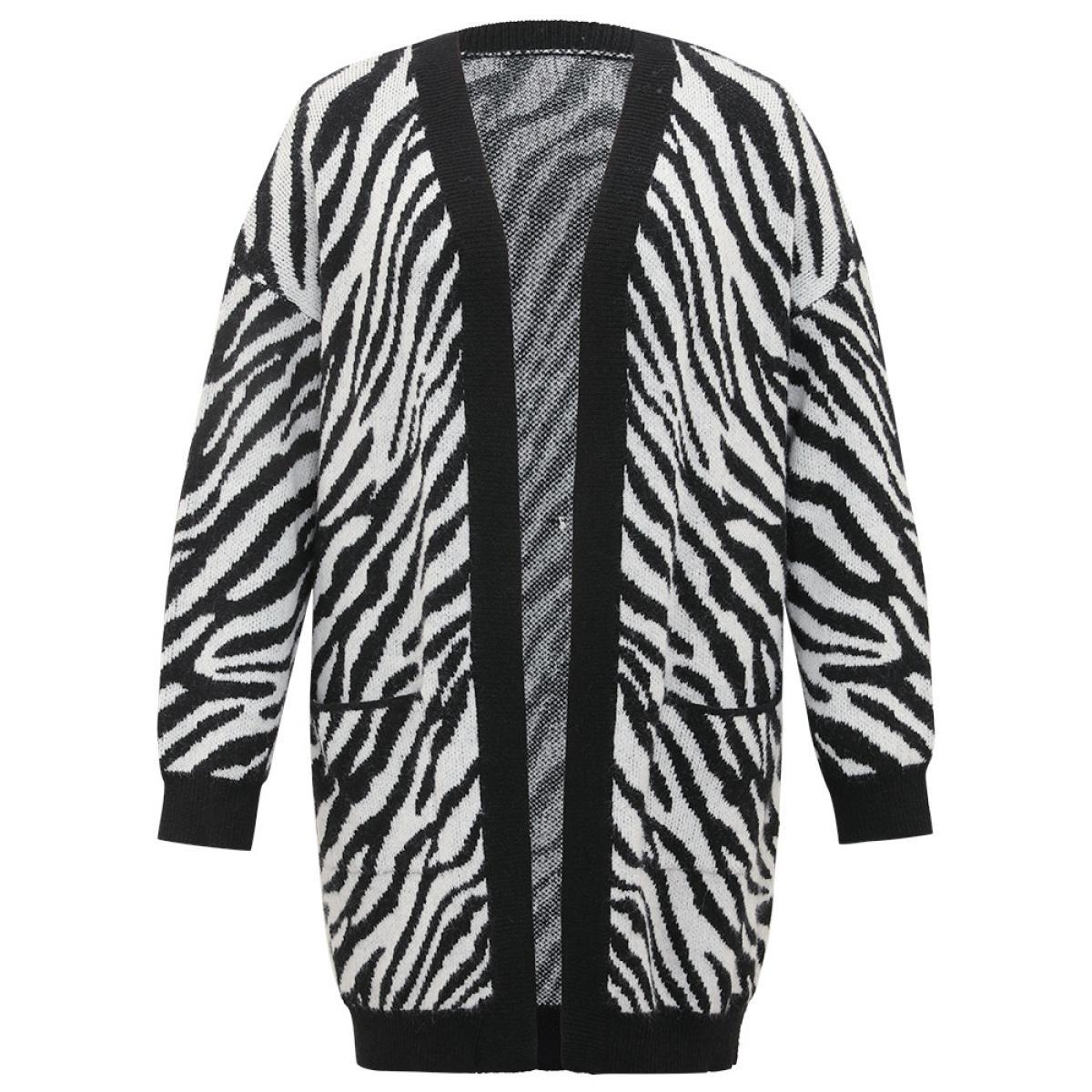 Plus Size Supersoft Essentials Zebra Print Patched Pocket Cardigan Black Women Casual Loose Long Sleeve Dailywear Cardigans BloomChic 26/4X Product Image