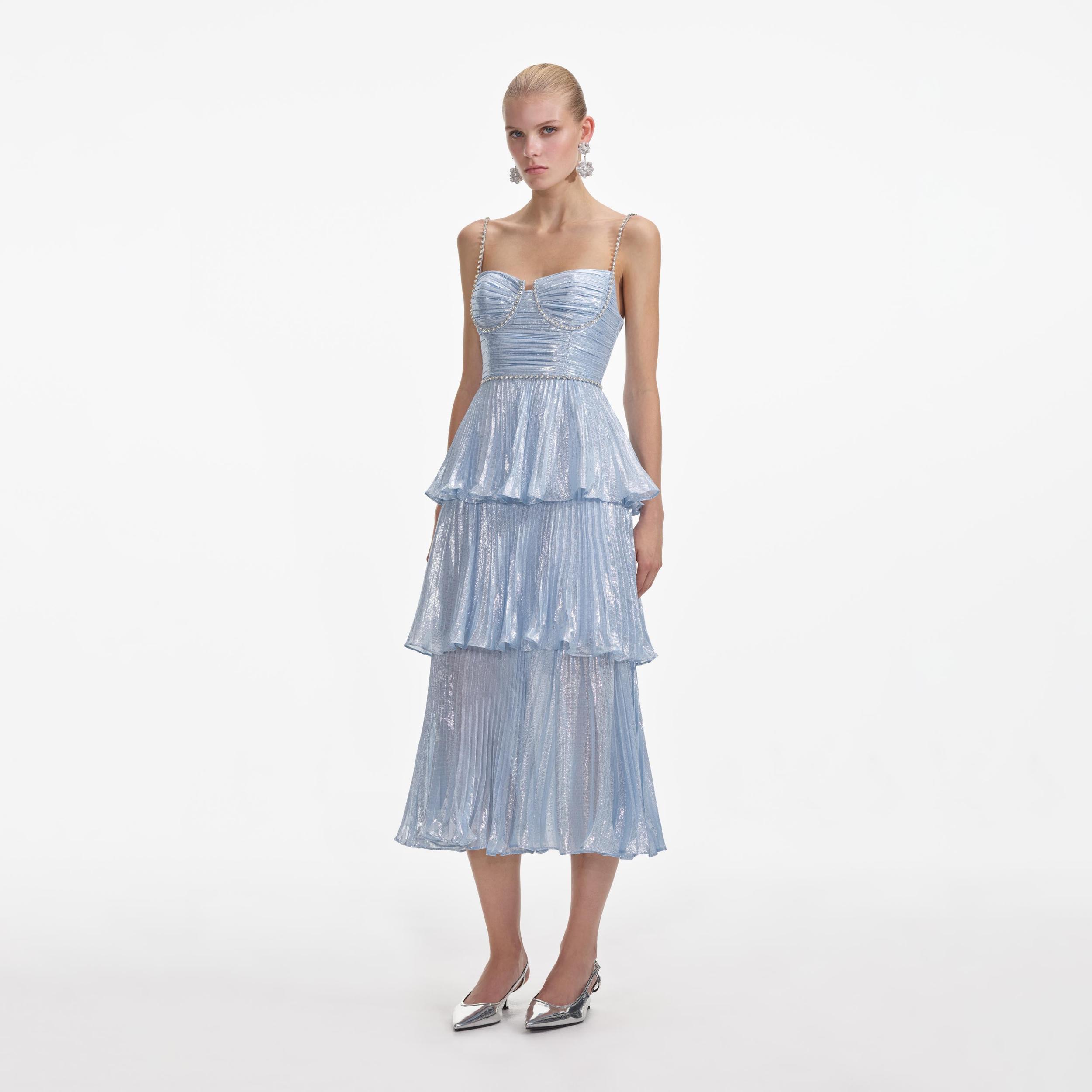 Blue Metallic Tiered Midi Dress Product Image