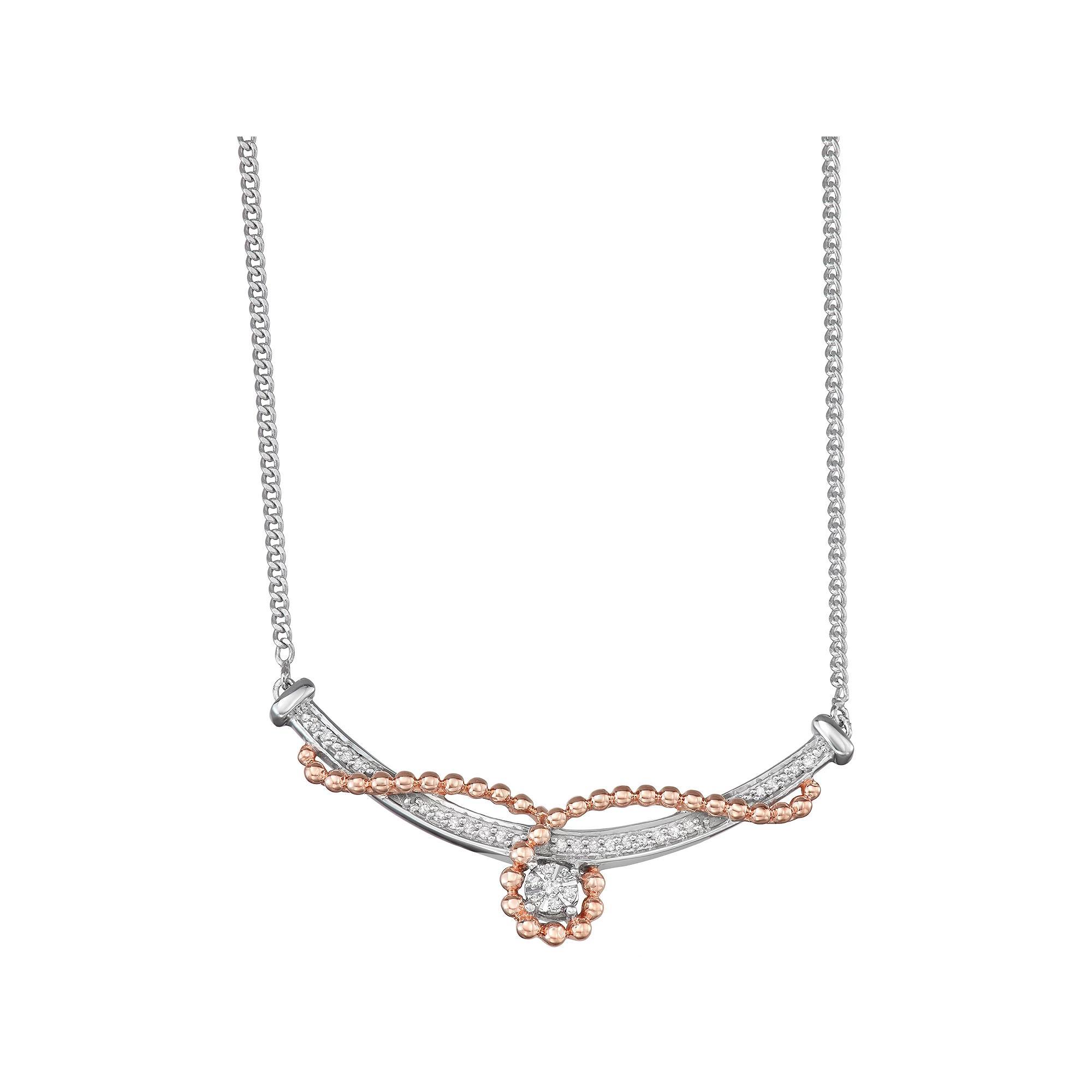 Two Tone Sterling Silver 1/6 Carat T.W. Diamond Curved Bar Necklace, Women's, Size: 18", Pink Tone Product Image
