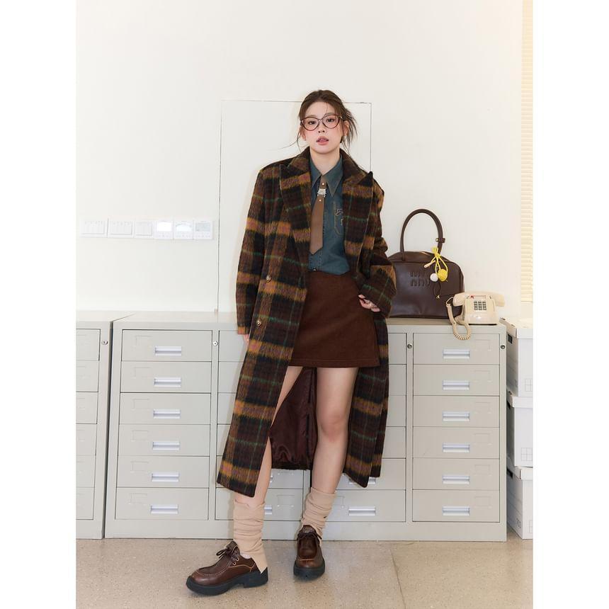 Plus Size Collared Plaid Midi Double Breasted Coat Product Image