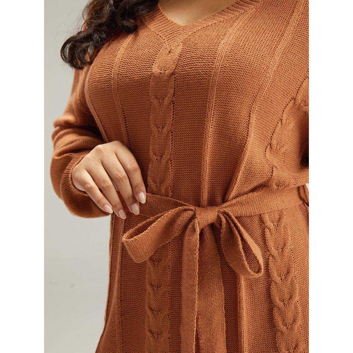 Plus Size Cable Knit Belted Lantern Sleeve Sweater Dress Chocolate Women Casual Loose Long Sleeve Dailywear Sweater Dresses BloomChic 12/L Product Image