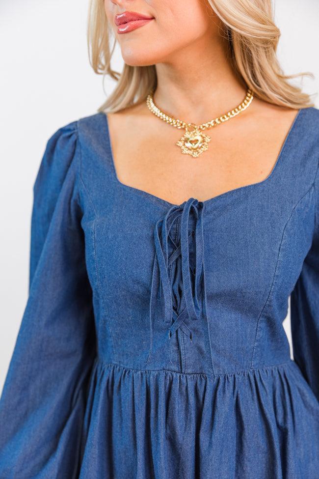 Up To Me Medium Wash Lace Up Detail Chambray Dress  SALE Product Image