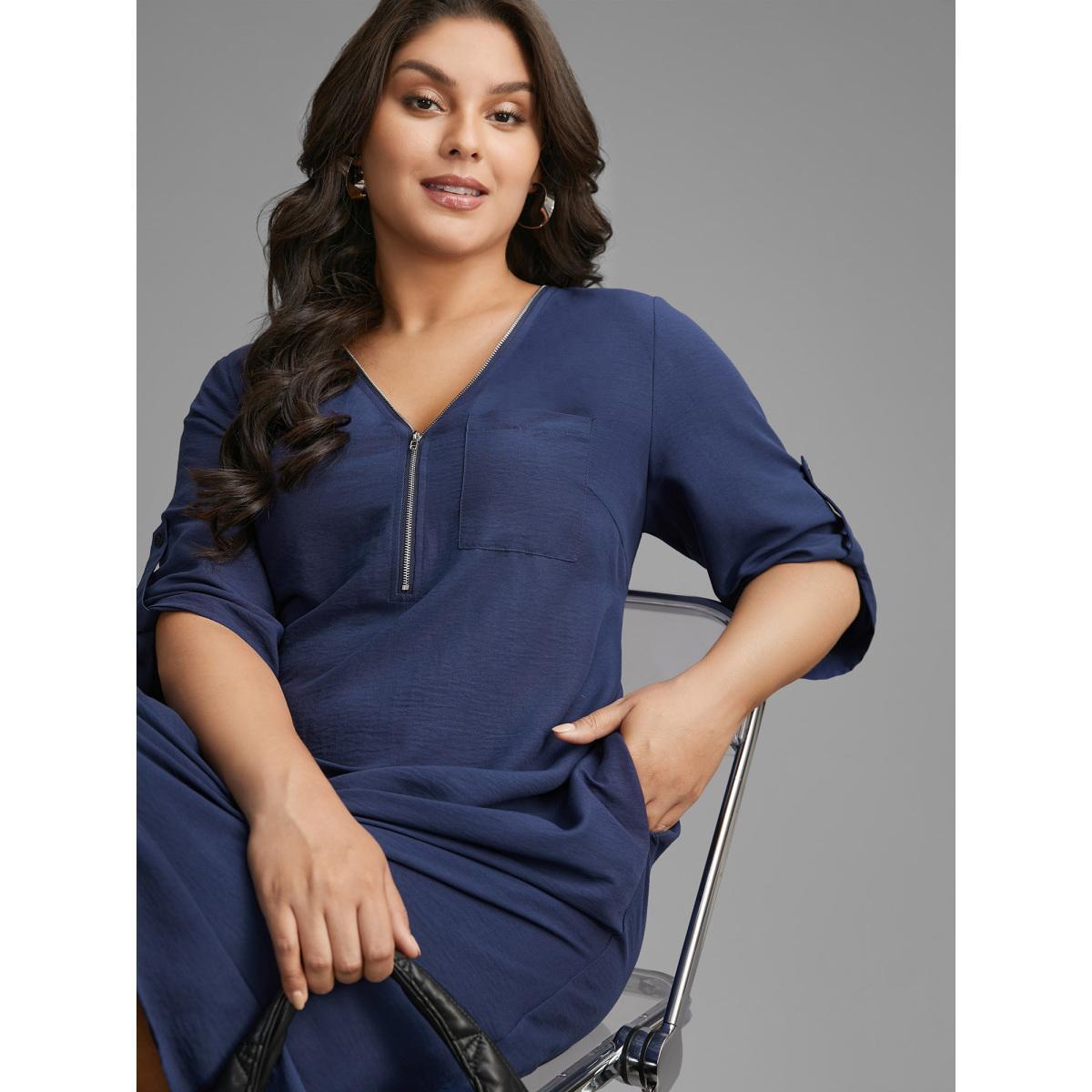 Plus Size Solid Half Zip Tab Sleeve Dress Navy Women At the Office Non V-neck Elbow-length sleeve Curvy BloomChic 30/6X Product Image