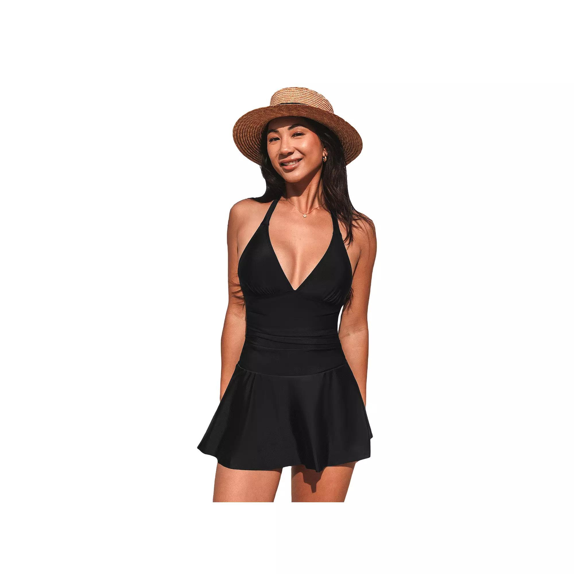 Women's Cupshe Black Halter Plunge Ruched Swim Dress, Size: Large Product Image