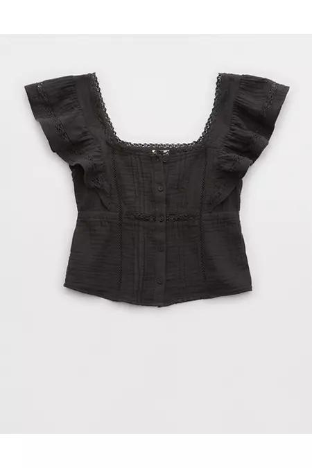 Aerie Button Front Ruffle Sleeve Top Women's Product Image