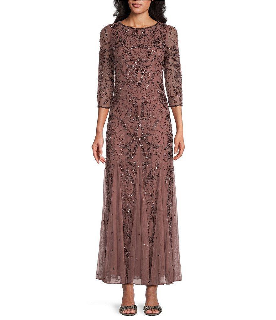 Pisarro Nights Beaded Sequin Boat Neck Illusion 3/4 Sleeve Gown Product Image