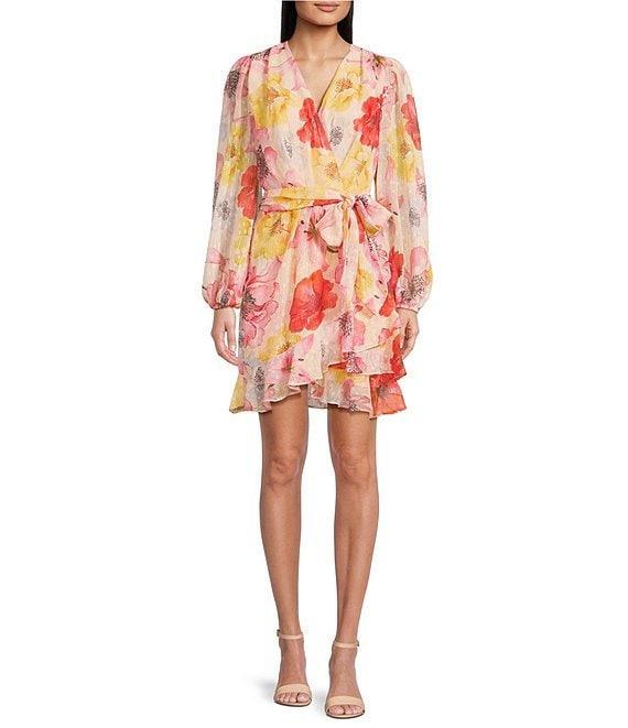 Alex Marie Laurel Floral Long Sleeve Surplice V-Neck A-Line Dress Product Image