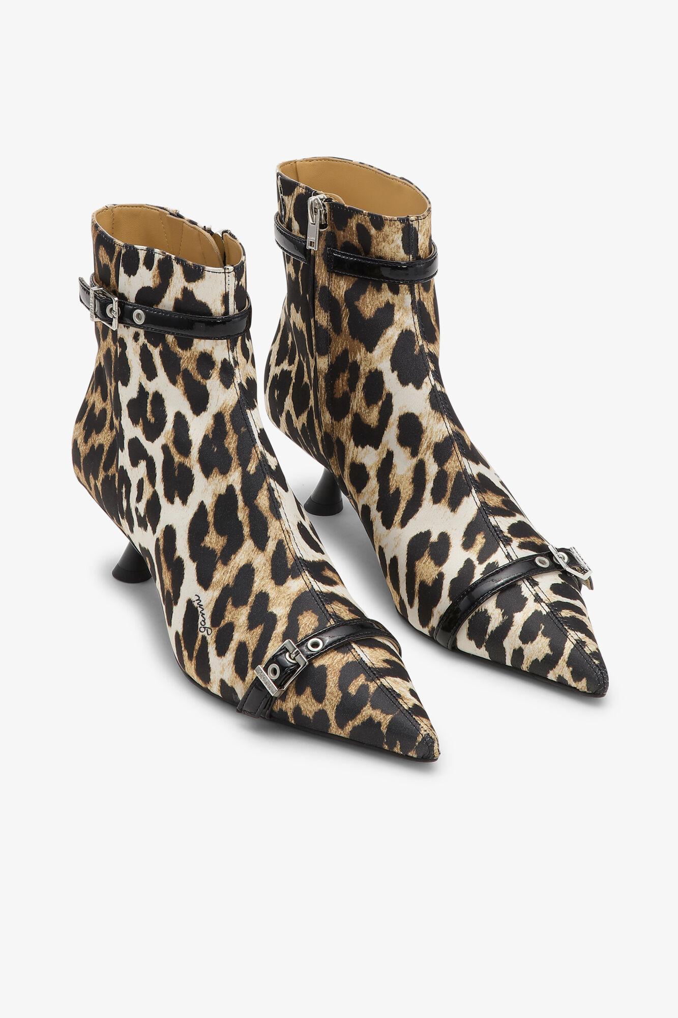 Leopard Satin Eyelets Kitten Heel Boots Product Image