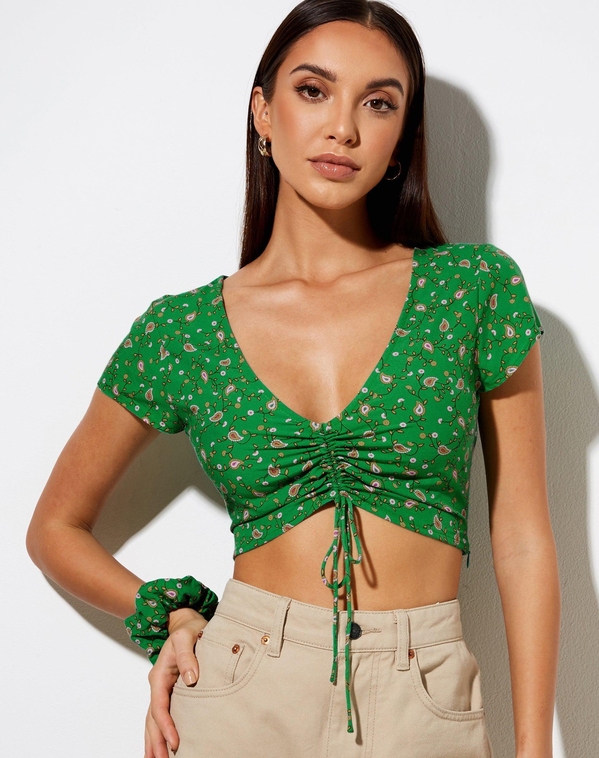 Raeto Crop Top in Paisley Fun Green Product Image