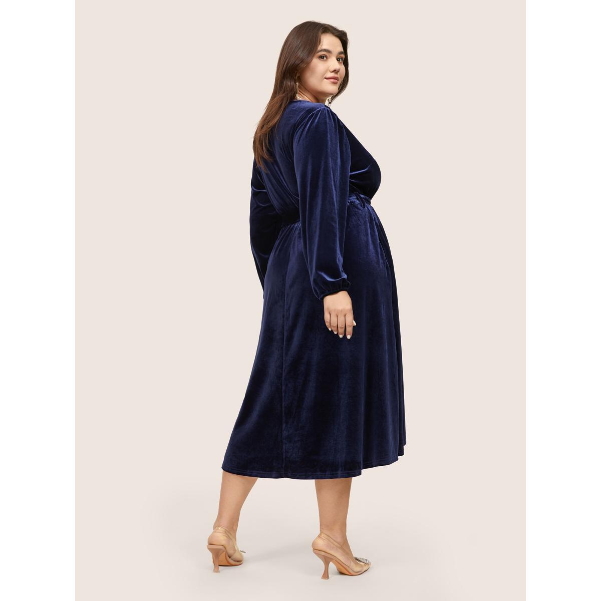 Plus Size Solid Velvet Belted Wrap Arc Hem Dress DarkBlue Women Elegant Elastic cuffs Overlap Collar Long Sleeve Curvy Midi Dress BloomChic 22-24/3X Product Image