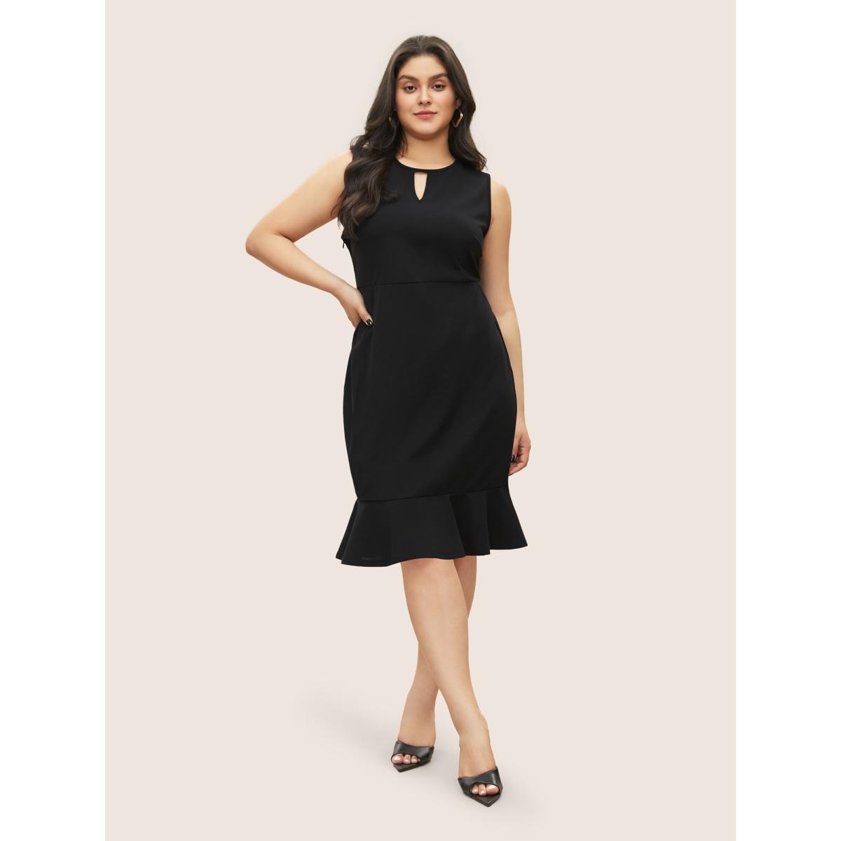 Plus Size Solid Sleeveless Ruffles Mermaid Hem Dress Black Women Workwear Essentials Belted Round Neck Sleeveless Curvy Midi Dress BloomChic 22-24/3X Product Image