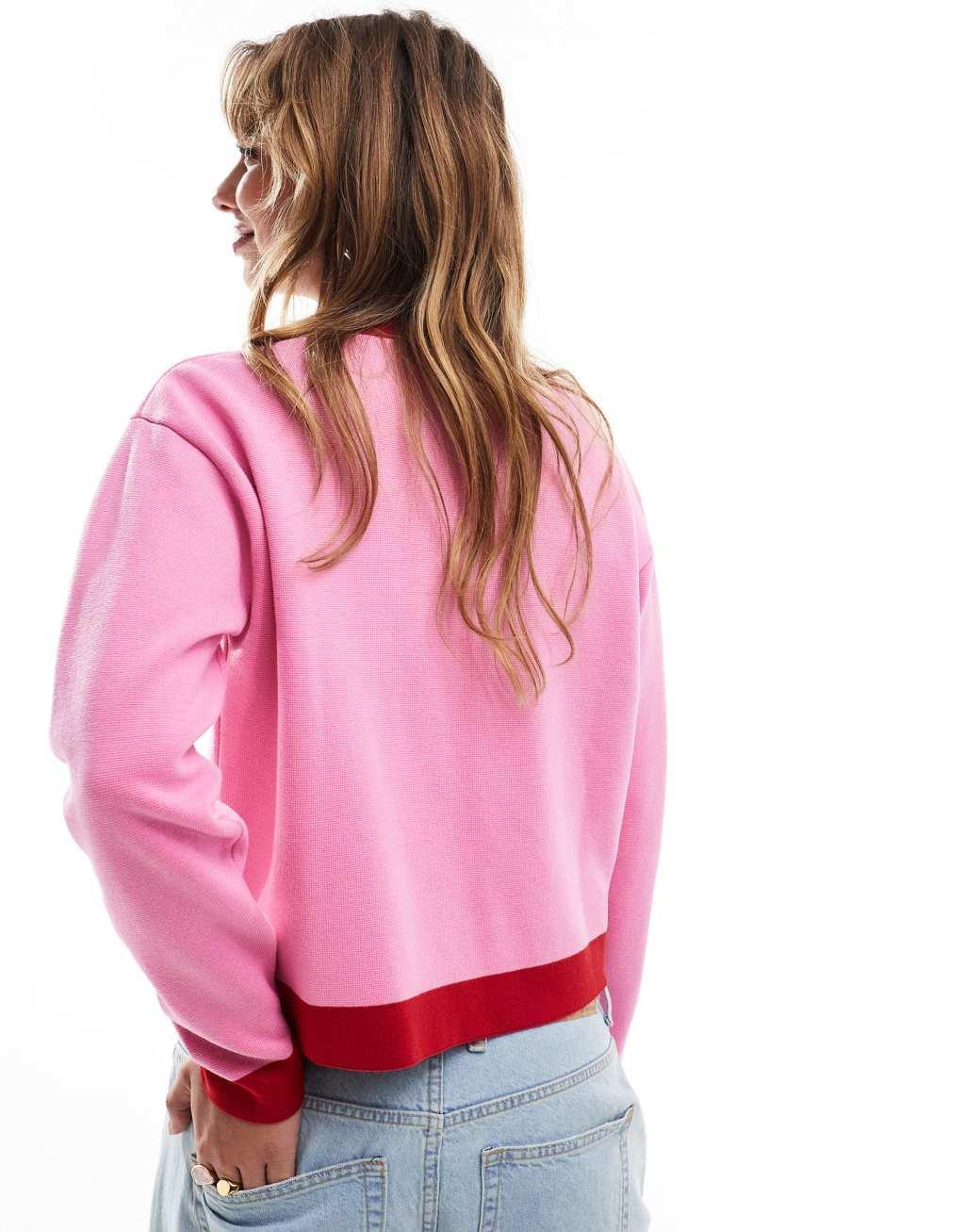 Mango contrast neck sweater in pink and red Product Image