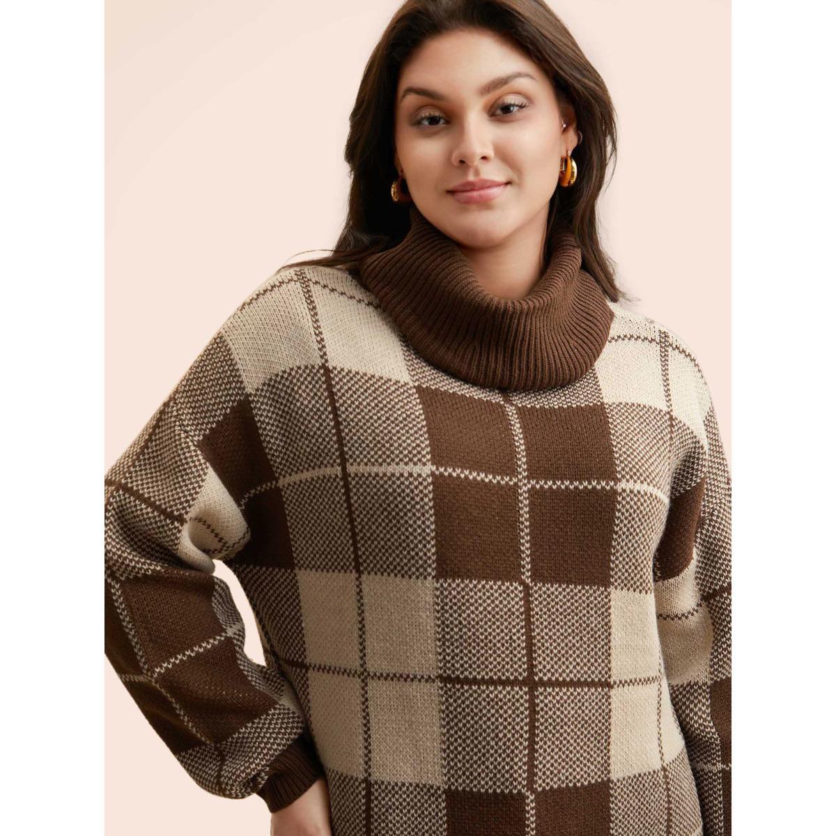Plus Size Plaid Turtleneck Drop Shoulder Pullover Browncoffeecolor Women Casual Loose Long Sleeve Turtleneck Everyday Pullovers BloomChic 18-20/2X Product Image
