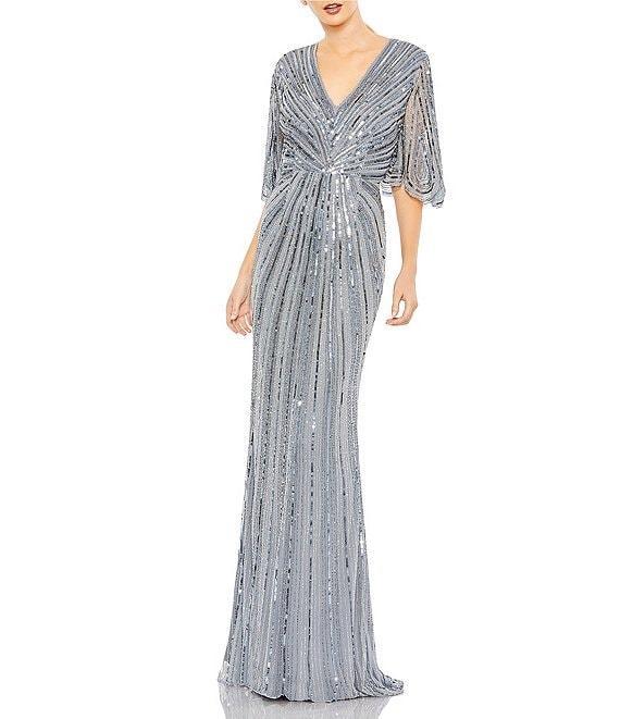 Mac Duggal Sequin Twist Waist V-Neck Flutter Short Sleeve Flutter Hem Sheath Gown Product Image
