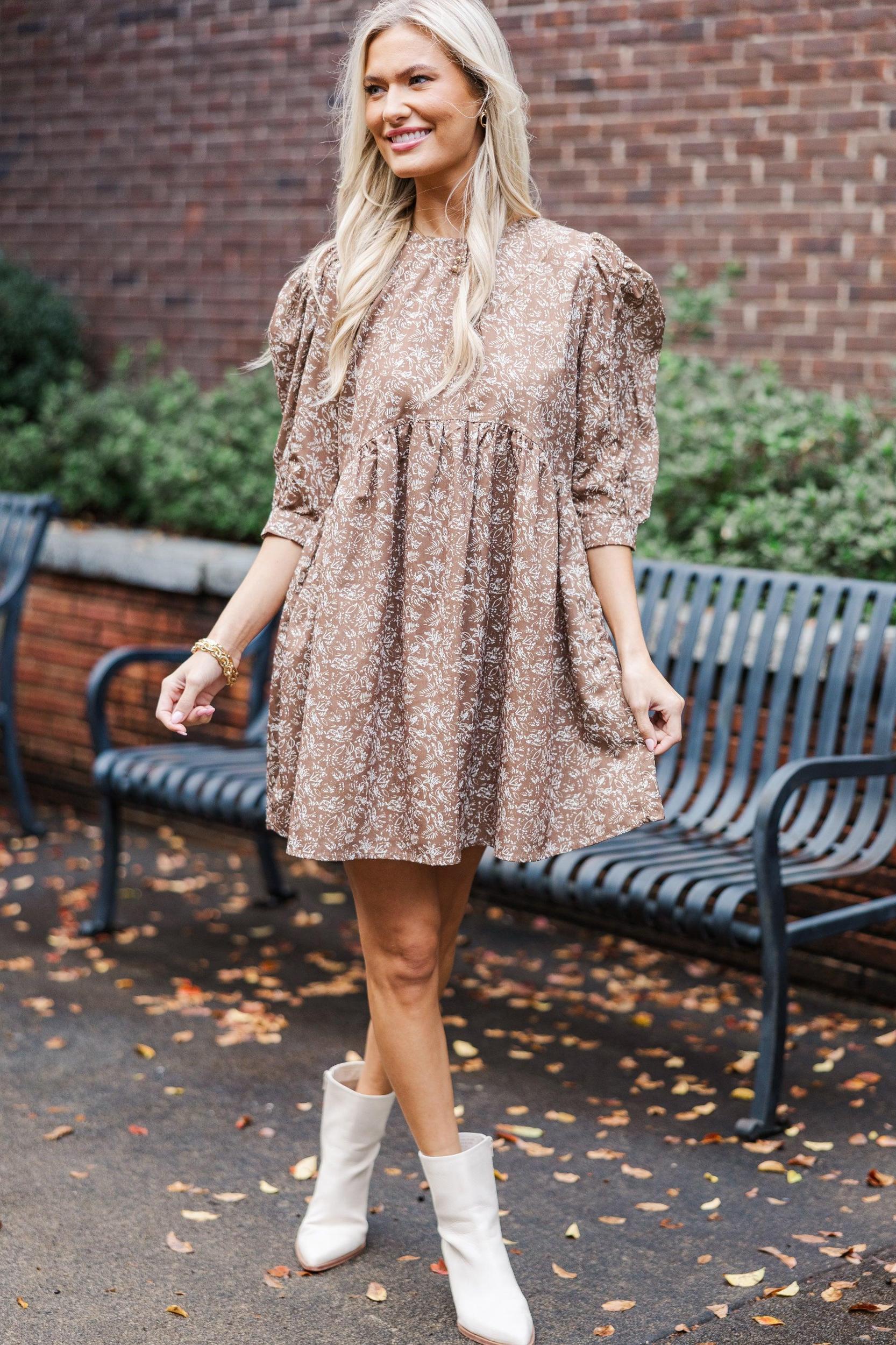 Oh So Thankful Butterscotch Brown Ditsy Floral 3/4 Sleeve Dress Female Product Image