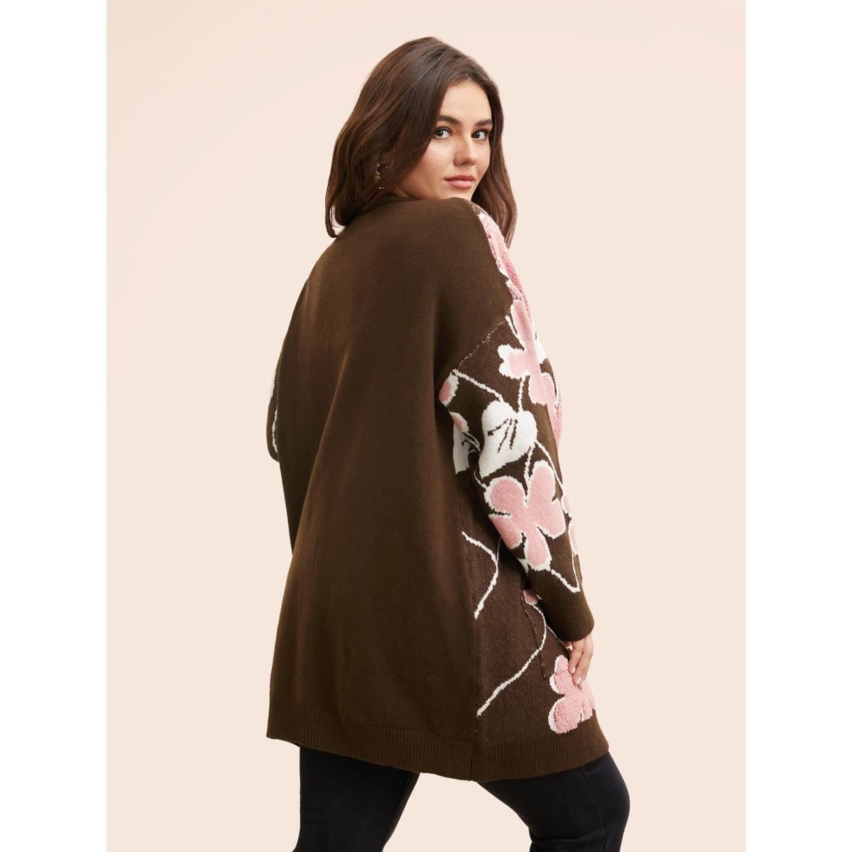 Plus Size Floral Jacquard Open Front Pocket Cardigan Browncoffeecolor Women Casual Loose Long Sleeve Everyday Cardigans BloomChic 26/4X Product Image