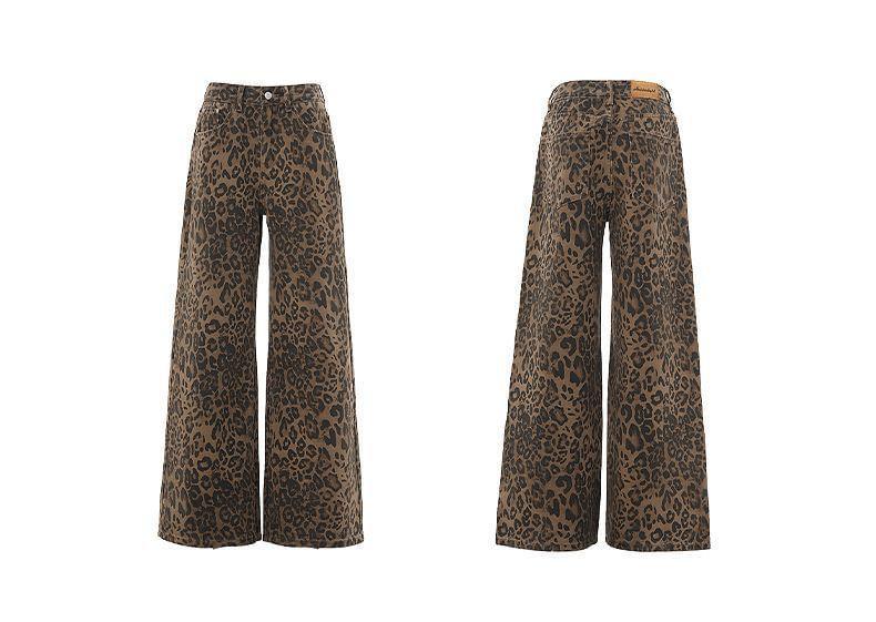 Low Waist Leopard Print Wide Leg Jeans (Various Designs) Product Image