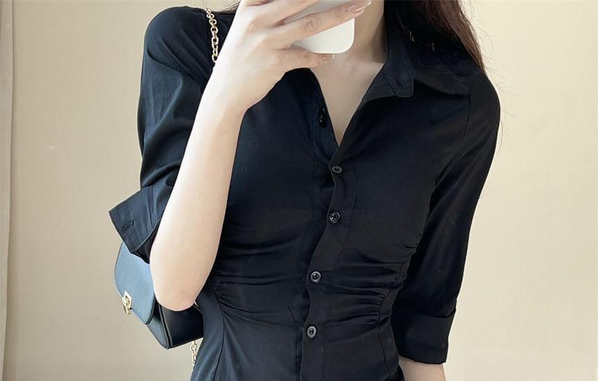 Elbow Sleeve Collared Plain Ruched Shirt Product Image