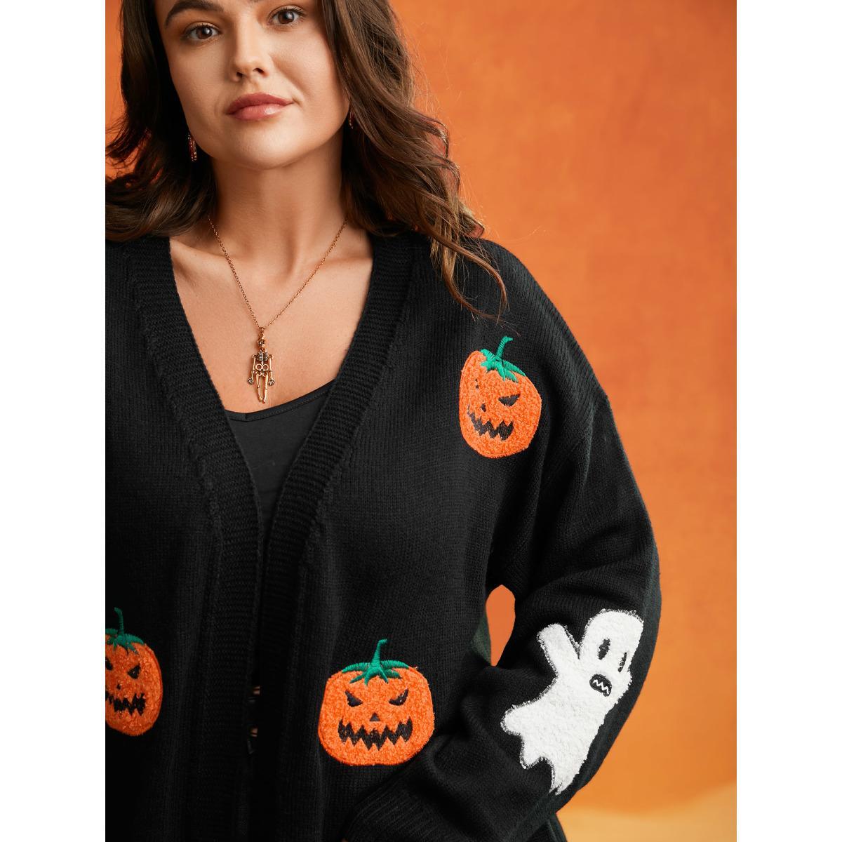 Plus Size Pumpkin Ghost Embroidery Open Cardigan Black Women Casual Loose Long Sleeve Everyday Cardigans BloomChic 22-24/3X Product Image