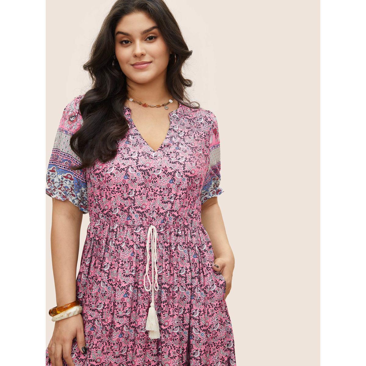 Plus Size Boho Print Notched Ties Tassel Trim Dress Pink Women Resort Non Notched collar Short sleeve Curvy BloomChic 28/5X Product Image