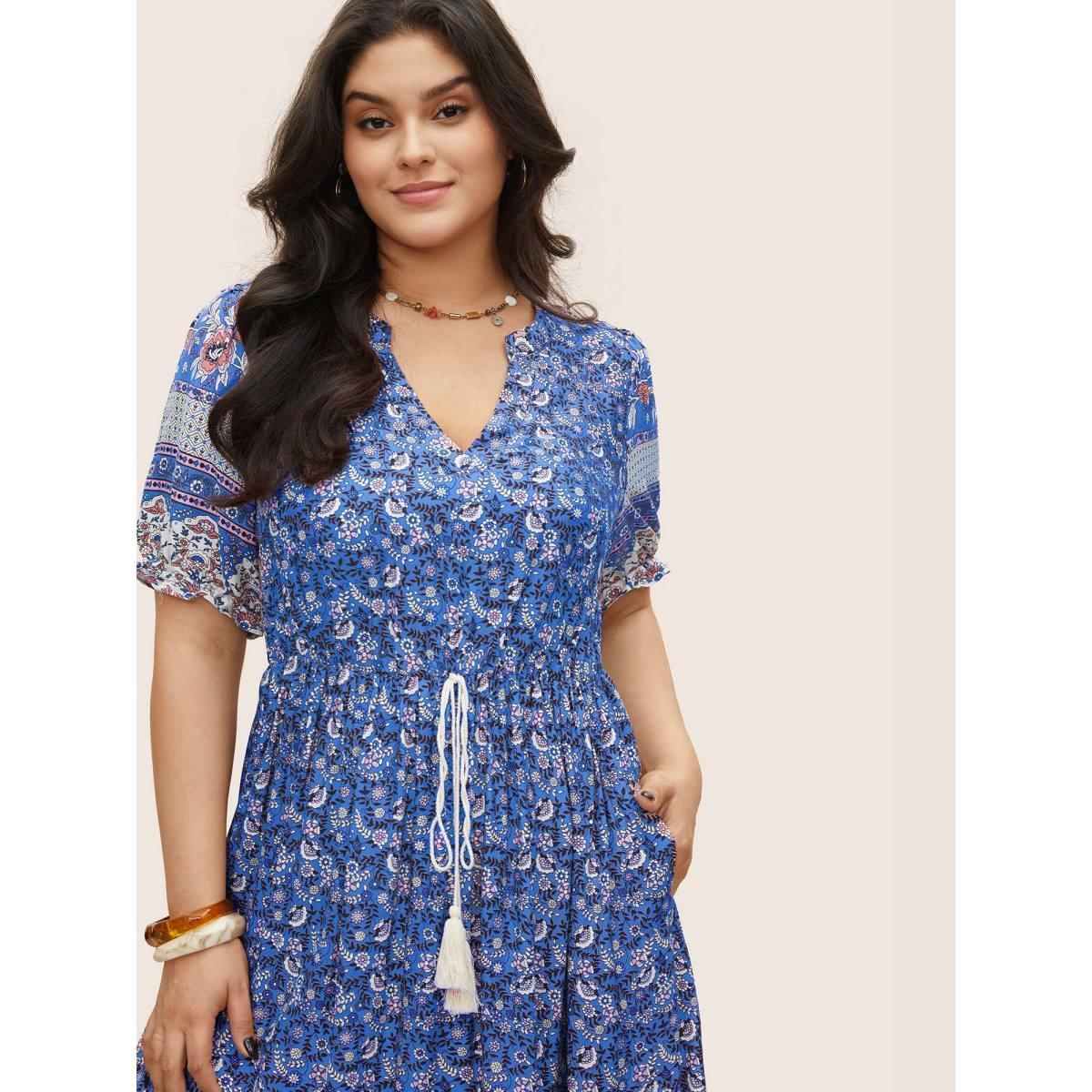 Plus Size Boho Print Notched Ties Tassel Trim Dress Blue Women Resort Non Flat collar with V-notch Short sleeve Curvy BloomChic 10/M Product Image