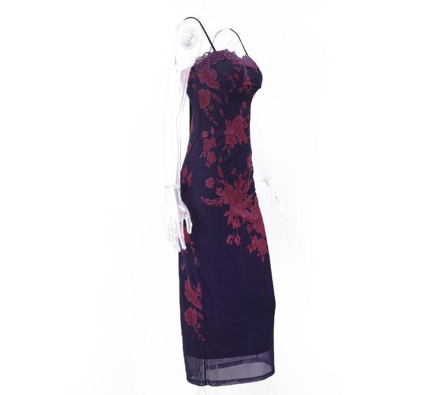 Spaghetti Strap Floral Print Lace Trim Midi Bodycon Dress Product Image