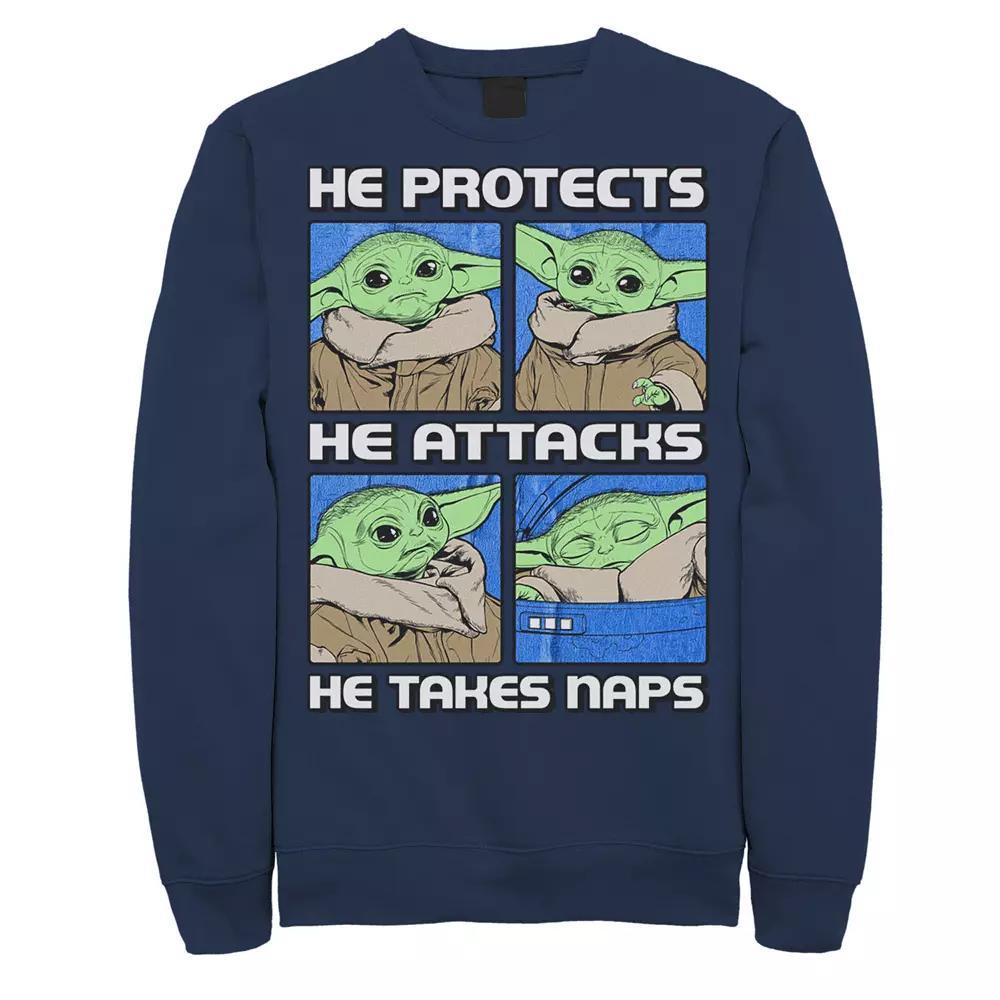 Men's Star Wars: The Mandalorian The Child "He Protects He Attacks He Takes Naps" Box Up Sweatshirt, Size: Small, Blue Product Image