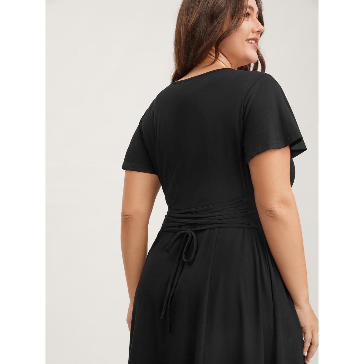 Plus Size Super Stretchy Back-Tie Pockets Midi Dress Black Women Knit Dresses Bloomchic 10/M Product Image
