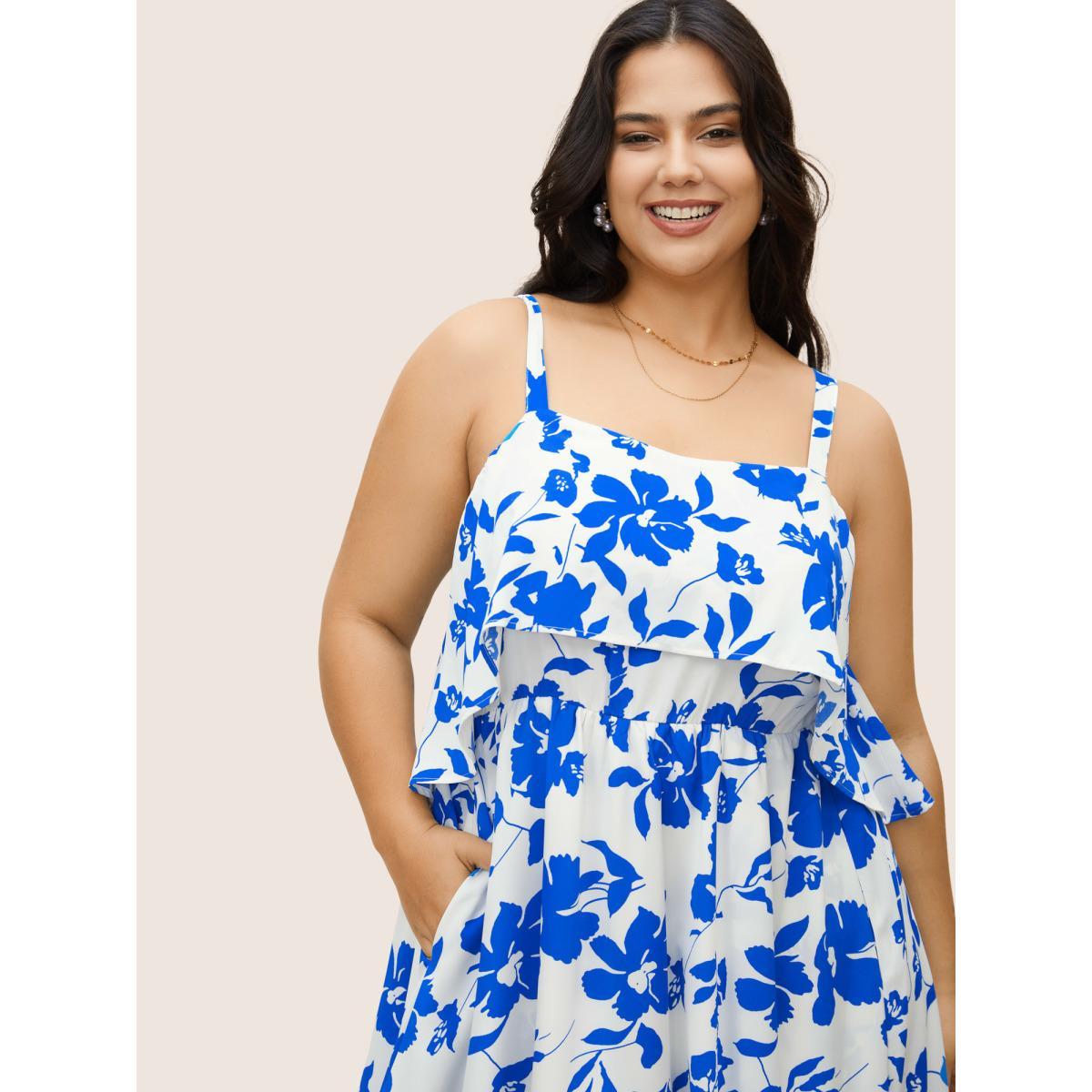 Plus Size Silhouette Floral Print Ruffles Cami Dress Blue Women Elegant Ruffles Non Sleeveless Curvy BloomChic 28/5X Product Image