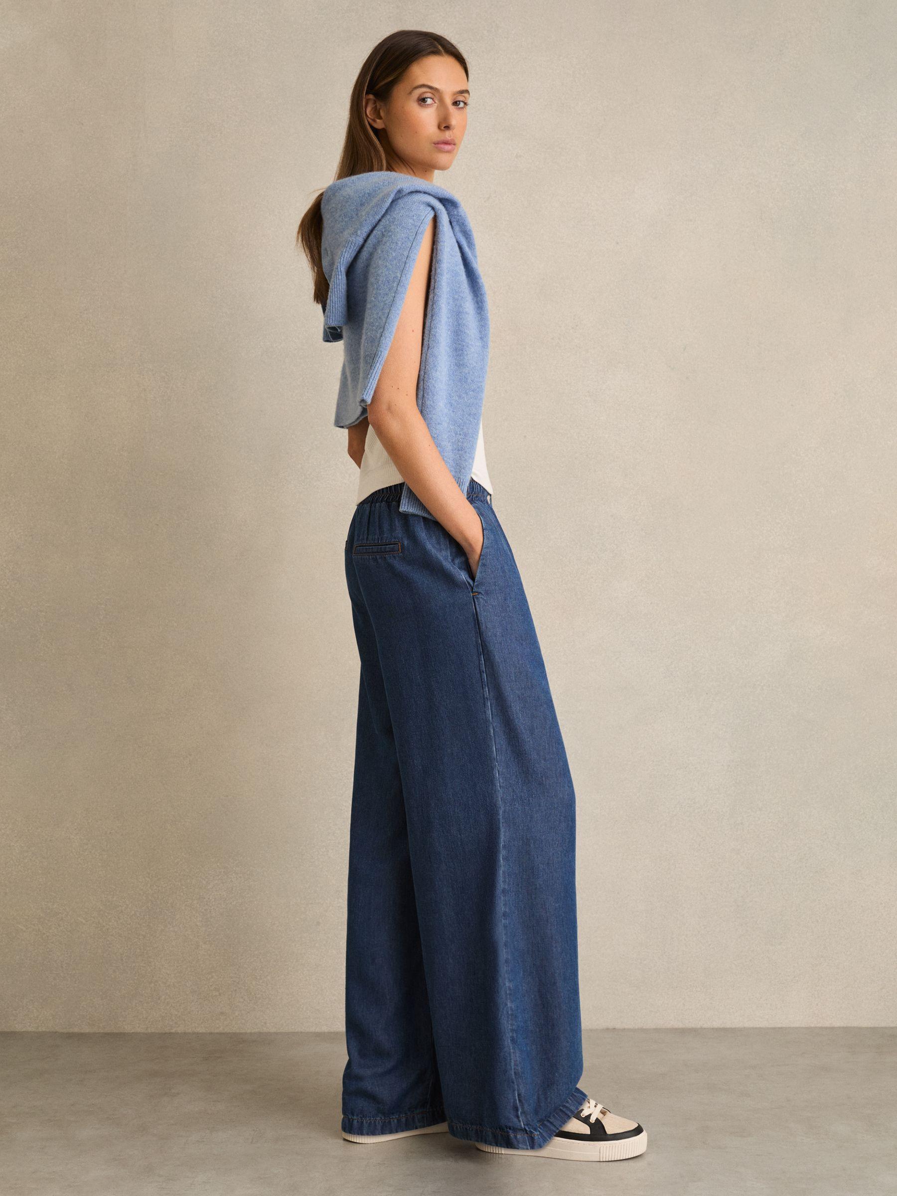 Wide-Leg Chambray Drawstring Trousers in Mid Blue Product Image