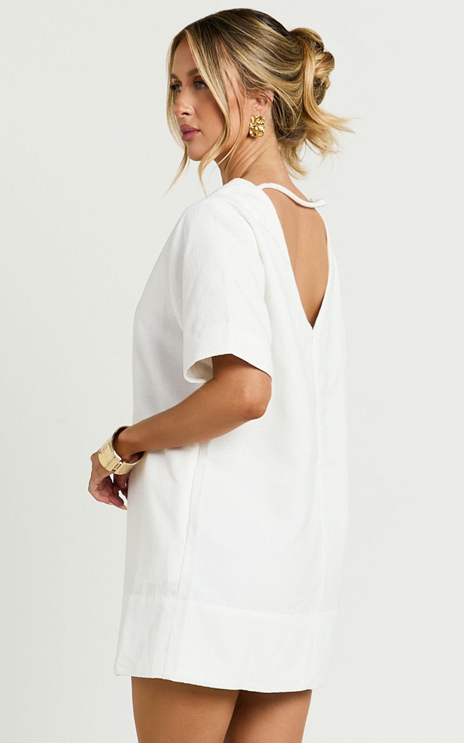 Shannon Mini Dress - Texture Tie Back Shift Dress in White Product Image