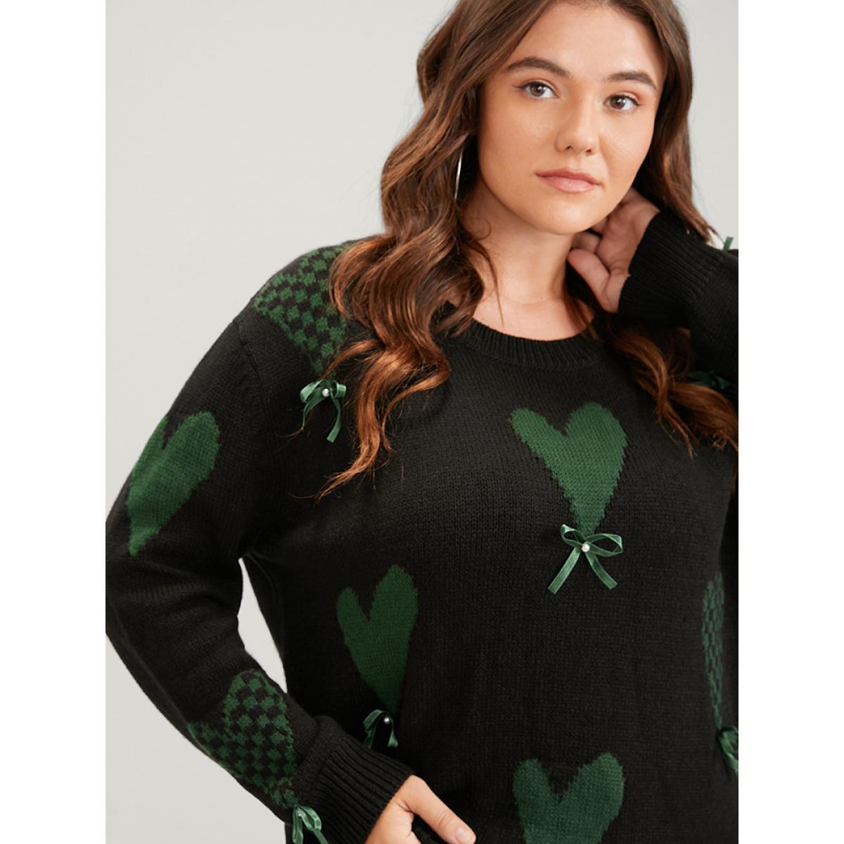 Plus Size Heart Print Contrast Pointelle Knit Bowknot Beaded Knit Top Black Women Elegant Long Sleeve Round Neck Dailywear Pullovers BloomChic 26/4X Product Image